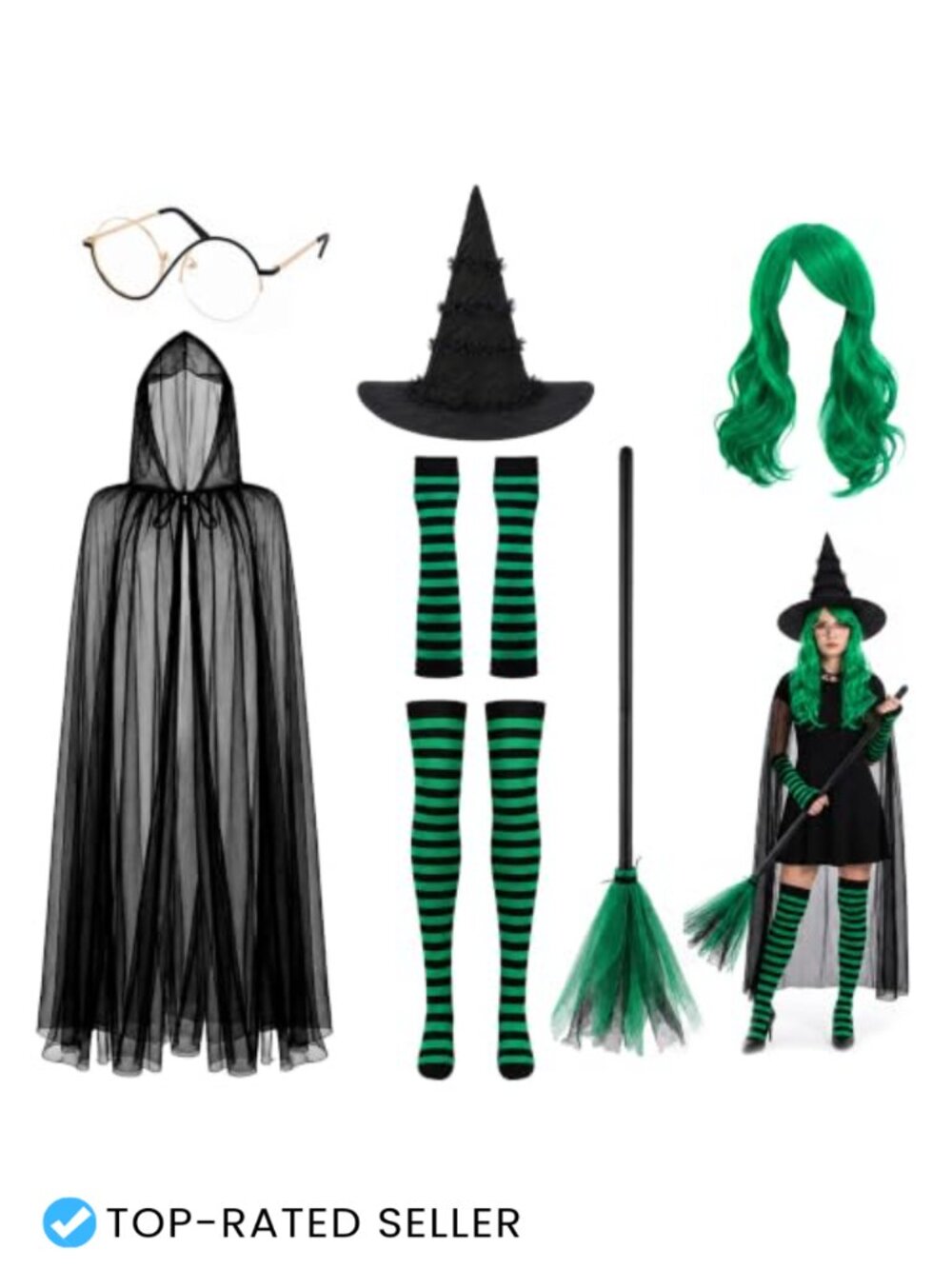 7Pc Halloween Witch Costume Set Hooded Cape Wig Hat Gloves Socks Adult